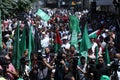 Palestinian Hamas supporters take part protest against Israel`s plan to annex parts of the occupied West Bank, in Khan Yunis in th