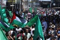 Palestinian Hamas supporters take part protest against Israel`s plan to annex parts of the occupied West Bank, in Khan Yunis in th Royalty Free Stock Photo