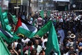 Palestinian Hamas supporters take part protest against Israel`s plan to annex parts of the occupied West Bank, in Khan Yunis in th