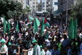 Palestinian Hamas supporters take part protest against Israel`s plan to annex parts of the occupied West Bank, in Khan Yunis in th