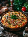 Palestinian maqluba, an upside-down rice cake with chicken and vegetables, served in a large serving dish. A traditional Royalty Free Stock Photo