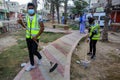 Palestinian municipality and civil defense employees organize a street cleaning and sterilization campaign in light of the coronav