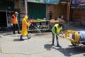Palestinian municipality workers sterilize public parks and roads with the deployment of police during the fifth day to impose a c