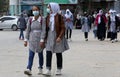 Palestinian students affiliated with the United Nations `UNRWA` a wear face masks amid the coronavirus pandemic