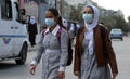 Palestinian students affiliated with the United Nations `UNRWA` a wear face masks amid the coronavirus pandemic