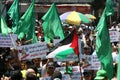 Palestinian supporters of Hamas attend a rally against Israel`s West Bank annexation plans