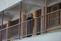 A Palestinian worker wearing a protective face mask sanitises a classroom in school a before a new academic year starts, amid conc