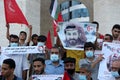 Palestinians, carry placards demanding the release of administrative detainee in Israeli custody Maher al-Akhras