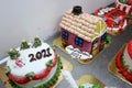 Palestinians chef create New Year and Christmas-styled festive cakes at a bakery