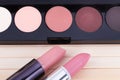 A palette with beige,pink,black,white eye shadows and two lipsticks of brown and pale pink colors.Soft focus.Concept of choosing Royalty Free Stock Photo