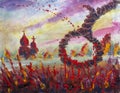 Loop for the dead in red blood, fear, execution, death. Original oil painting, contemporary
