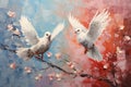 palette knife textured painting Love and pigeons Love Doves pair of pigeons