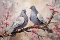 palette knife textured painting Love and pigeons Love Doves pair of pigeons