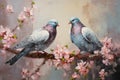 palette knife textured painting Love and pigeons Love Doves pair of pigeons