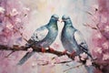 palette knife textured painting Love and pigeons Love Doves pair of pigeons