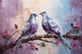 palette knife textured painting Love and pigeons Love Doves pair of pigeons