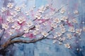 palette knife textured painting sakura Japanese cherry tree Sakura blossom background with a pink blooming sakura tree