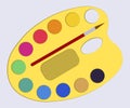 Palette with multicolored watercolors in flat style stationery for school