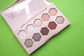 Palette of nude cosmetic make up, eye shadow palette, natural colors shadows minimalism, on green background. Top view