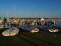 Palic, Serbia, September 11 2021 Boats and yachts on the shores of Lake Palic. Rest on the water. Sports water transport Royalty Free Stock Photo