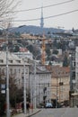 Palisady street with observation and television tower Kamzik, Bratislava