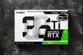 Palit Nvidia Geforce RTX 3060 Ti Dual OC 8GB gaming graphics card box on a dark background. Modern desktop computer hardware