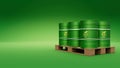 Pallet of green biofuel barrels or biodiesel drums. Sustainable energy concept. 3d render illustration
