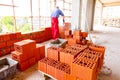 Pallet with heap of red bricks, worker is building wall with red blocks and mortar, building site Royalty Free Stock Photo