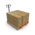 Pallet jack with boxes on pallets 3D illustration. Royalty Free Stock Photo