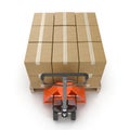 Pallet jack with boxes on pallets 3D illustration. Royalty Free Stock Photo