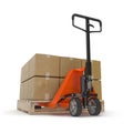 Pallet jack with boxes on pallets 3D illustration. Royalty Free Stock Photo