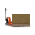 Pallet jack with boxes on pallets 3D illustration. Royalty Free Stock Photo