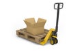 Pallet jack with pallet and cardboard box isolated on white. 3d Royalty Free Stock Photo