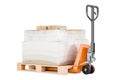 Pallet jack with parcels wrapped in the stretch film, 3D rendering Royalty Free Stock Photo
