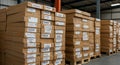 Pallet Stacks of Cardboard Boxes in Warehouse Ready for Shipping Royalty Free Stock Photo