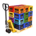 Pallet truck with crates full of beer bottles, 3D rendering