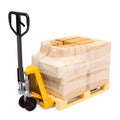 Pallet truck with parcels wrapped in the stretch film, 3D render Royalty Free Stock Photo