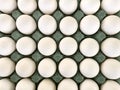 Pallet with white eggs. Close-up fresh eggs for sale at a market. Royalty Free Stock Photo