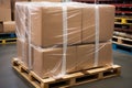 Pallet wrapped in stretch wrap for shipping. Generative AI Royalty Free Stock Photo