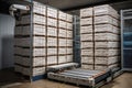 palletizer robot, with fully stacked and secured pallets, ready to be transported