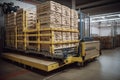 palletizer robot, with fully stacked and secured pallets, ready to be transported