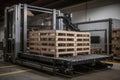palletizer robot, with fully stacked and secured pallets, ready to be transported