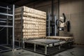 palletizer robot, with fully stacked and secured pallets, ready to be transported