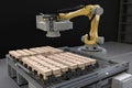 palletizer robot with multiple grips and grippers, picking up different types of pallets