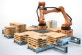 palletizer robot with multiple grips and grippers, picking up different types of pallets