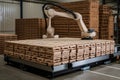 palletizing robot, with fully loaded pallets ready to be transported