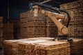 palletizing robot, handling and stacking wooden pallets in warehouse