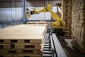 palletizing robot loading crates onto conveyor belt for further processing