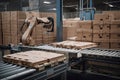 palletizing robot loading crates onto conveyor belt for further processing