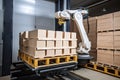 palletizing robot loading heavy objects onto pallets with motorized gripper